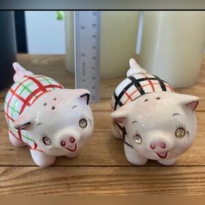 VINTAGE 1960s Japan Ceramic Piglet S&P Shakers | Rhinestone Eyes | Plaid Kitsch